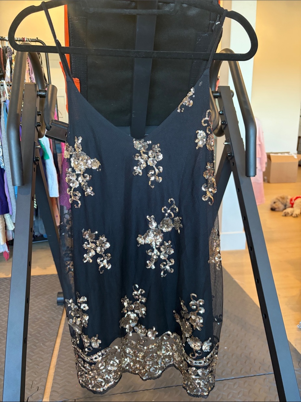 living doll Black Slip Dress with Gold Sequin Floral Accents